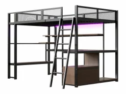 Sale Merax Cama alta infantil de metal - 140 x 200 cm - con escritorio integrado + LED + almacenaje - negra Negro
