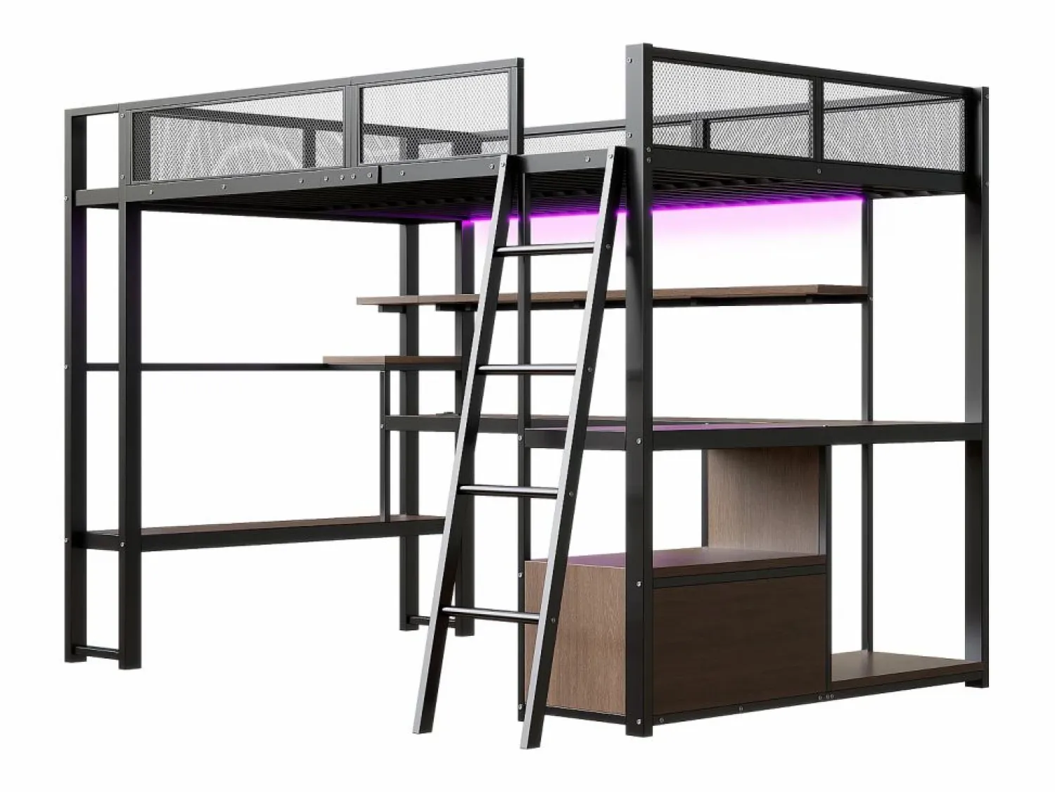 Sale Merax Cama alta infantil de metal - 140 x 200 cm - con escritorio integrado + LED + almacenaje - negra Negro