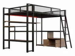Sale Merax Cama alta infantil de metal - 140 x 200 cm - con escritorio integrado + LED + almacenaje - negra Negro
