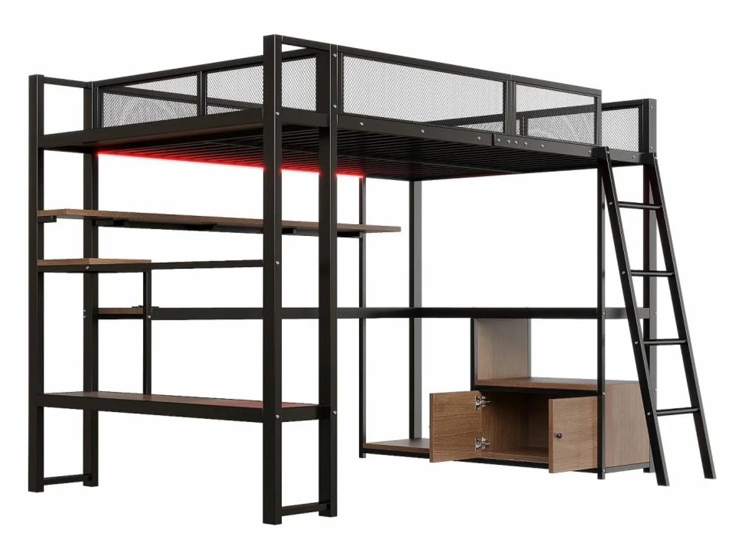 Sale Merax Cama alta infantil de metal - 140 x 200 cm - con escritorio integrado + LED + almacenaje - negra Negro