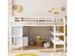 Merax Cama alta infantil de metal - 90 x 200 cm - con escalera ancha + cajones + estantes de almacenamiento - metal -