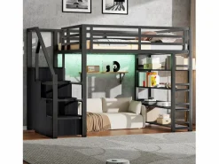 Discount Cama alta infantil de metal - 140 x 200 cm - con estantería + armario + escalera de almacenaje + LED - negra Cama Alta