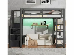 Discount Cama alta infantil de metal - 140 x 200 cm - con estantería + armario + escalera de almacenaje + LED - negra Cama Alta