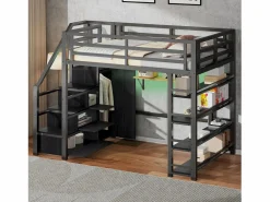 Discount Cama alta infantil de metal - 140 x 200 cm - con estantería + armario + escalera de almacenaje + LED - negra Cama Alta