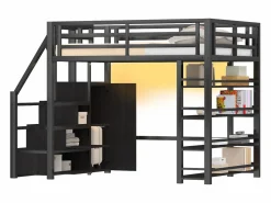 Discount Cama alta infantil de metal - 140 x 200 cm - con estantería + armario + escalera de almacenaje + LED - negra Cama Alta