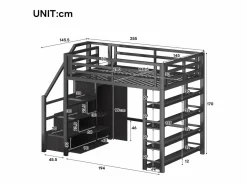 Discount Cama alta infantil de metal - 140 x 200 cm - con estantería + armario + escalera de almacenaje + LED - negra Cama Alta
