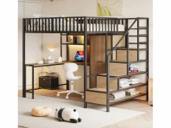 New Cama alta infantil de metal - 140 x 200 cm - con escritorio + estantería + armario + cajón + escalera de almacenaje + LED - Cama Alta