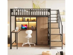 New Cama alta infantil de metal - 140 x 200 cm - con escritorio + estantería + armario + cajón + escalera de almacenaje + LED - Cama Alta