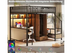 New Cama alta infantil de metal - 140 x 200 cm - con escritorio + estantería + armario + cajón + escalera de almacenaje + LED - Cama Alta