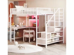 New Cama alta infantil de metal - 140 x 200 cm - con escritorio + estantería + armario + cajón + escalera de almacenaje + LED - Cama Alta