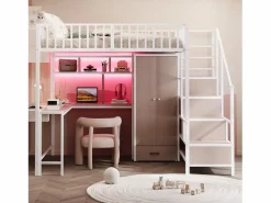 New Cama alta infantil de metal - 140 x 200 cm - con escritorio + estantería + armario + cajón + escalera de almacenaje + LED - Cama Alta