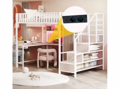 New Cama alta infantil de metal - 140 x 200 cm - con escritorio + estantería + armario + cajón + escalera de almacenaje + LED - Cama Alta