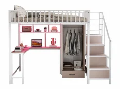 New Cama alta infantil de metal - 140 x 200 cm - con escritorio + estantería + armario + cajón + escalera de almacenaje + LED - Cama Alta