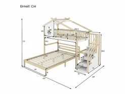 Cama alta infantil 90x200 cm, cama inferior 140x200 cm, + natural