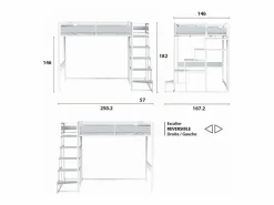 New Cama alta MONTANA con escalera reversible y gran zona de descanso de 140 x 190 cm en metal con acabado epoxi y melamina gris claro Cama Alta