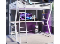 OKWISH Cama alta para adultos 140x200 cm, blanca, con luz LED y USB, escritorio - sin colchón