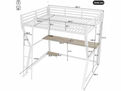OKWISH Cama alta para adultos 140x200 cm, blanca, con luz LED y USB, escritorio - sin colchón