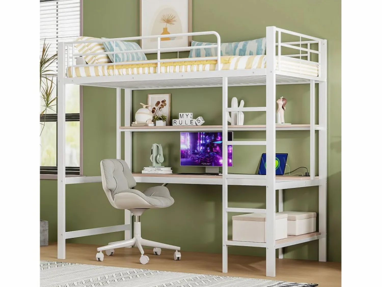 Online Cama alta tipo mezzanine 90x200 cm de metal – con barandilla, escalera, USB y enchufe, LED, escritorio y estantería integrada – Blanca (sin colchón) Cama Alta