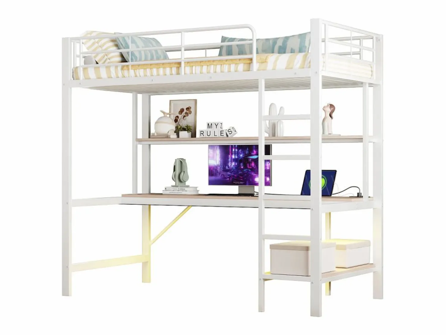 Online Cama alta tipo mezzanine 90x200 cm de metal – con barandilla, escalera, USB y enchufe, LED, escritorio y estantería integrada – Blanca (sin colchón) Cama Alta