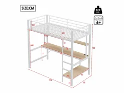 Online Cama alta tipo mezzanine 90x200 cm de metal – con barandilla, escalera, USB y enchufe, LED, escritorio y estantería integrada – Blanca (sin colchón) Cama Alta