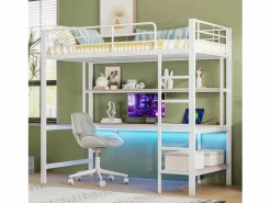 Online Cama alta tipo mezzanine 90x200 cm de metal – con barandilla, escalera, USB y enchufe, LED, escritorio y estantería integrada – Blanca (sin colchón) Cama Alta