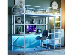 Online Cama alta tipo mezzanine 90x200 cm de metal – con barandilla, escalera, USB y enchufe, LED, escritorio y estantería integrada – Blanca (sin colchón) Cama Alta