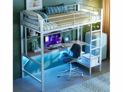 Online Cama alta tipo mezzanine 90x200 cm de metal – con barandilla, escalera, USB y enchufe, LED, escritorio y estantería integrada – Blanca (sin colchón) Cama Alta
