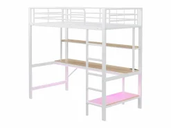 Online Cama alta tipo mezzanine 90x200 cm de metal – con barandilla, escalera, USB y enchufe, LED, escritorio y estantería integrada – Blanca (sin colchón) Cama Alta