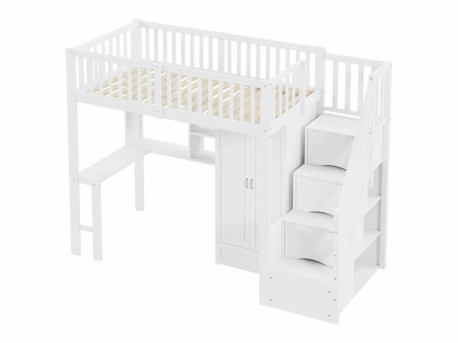 ModernLuxe Cama alta 90x200 cm - con armario y escritorio - estructura de cama de madera -