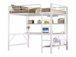 ModernLuxe Cama alta 140x200 cm - con barreras - con escalera - con USB y enchufes - con luz LED - con escritorio + estantes de varios niveles - (sin colchón)