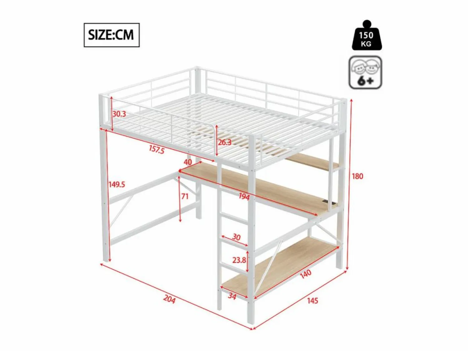 ModernLuxe Cama alta 140x200 cm - con barreras - con escalera - con USB y enchufes - con luz LED - con escritorio + estantes de varios niveles - (sin colchón)