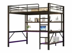 ModernLuxe Cama alta 140x200 cm - con barreras - con escalera - con USB y enchufes - con luz LED - con escritorio + estantes de varios niveles - negra (sin colchón)