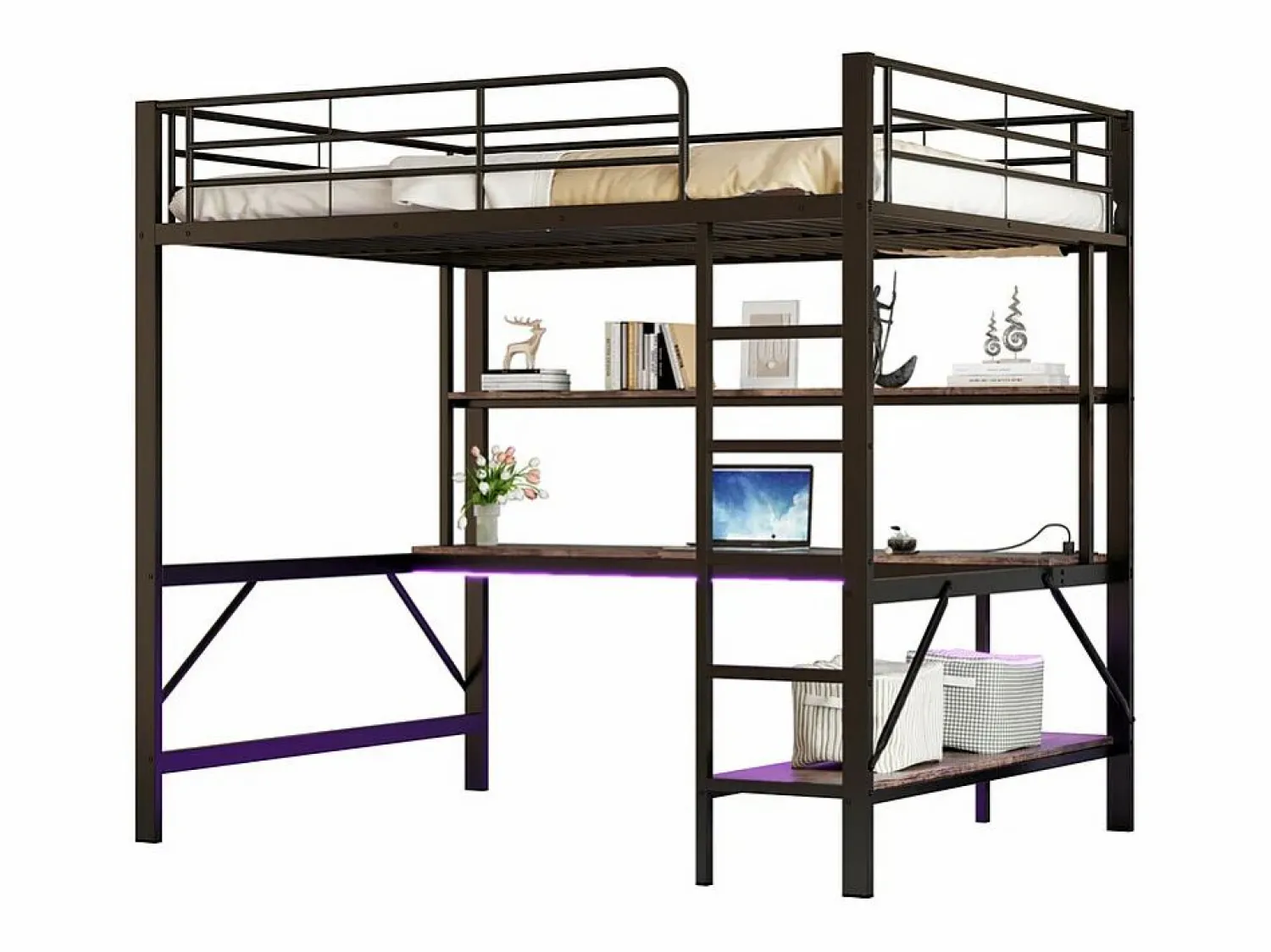 ModernLuxe Cama alta 140x200 cm - con barreras - con escalera - con USB y enchufes - con luz LED - con escritorio + estantes de varios niveles - negra (sin colchón)