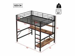 ModernLuxe Cama alta 140x200 cm - con barreras - con escalera - con USB y enchufes - con luz LED - con escritorio + estantes de varios niveles - negra (sin colchón)