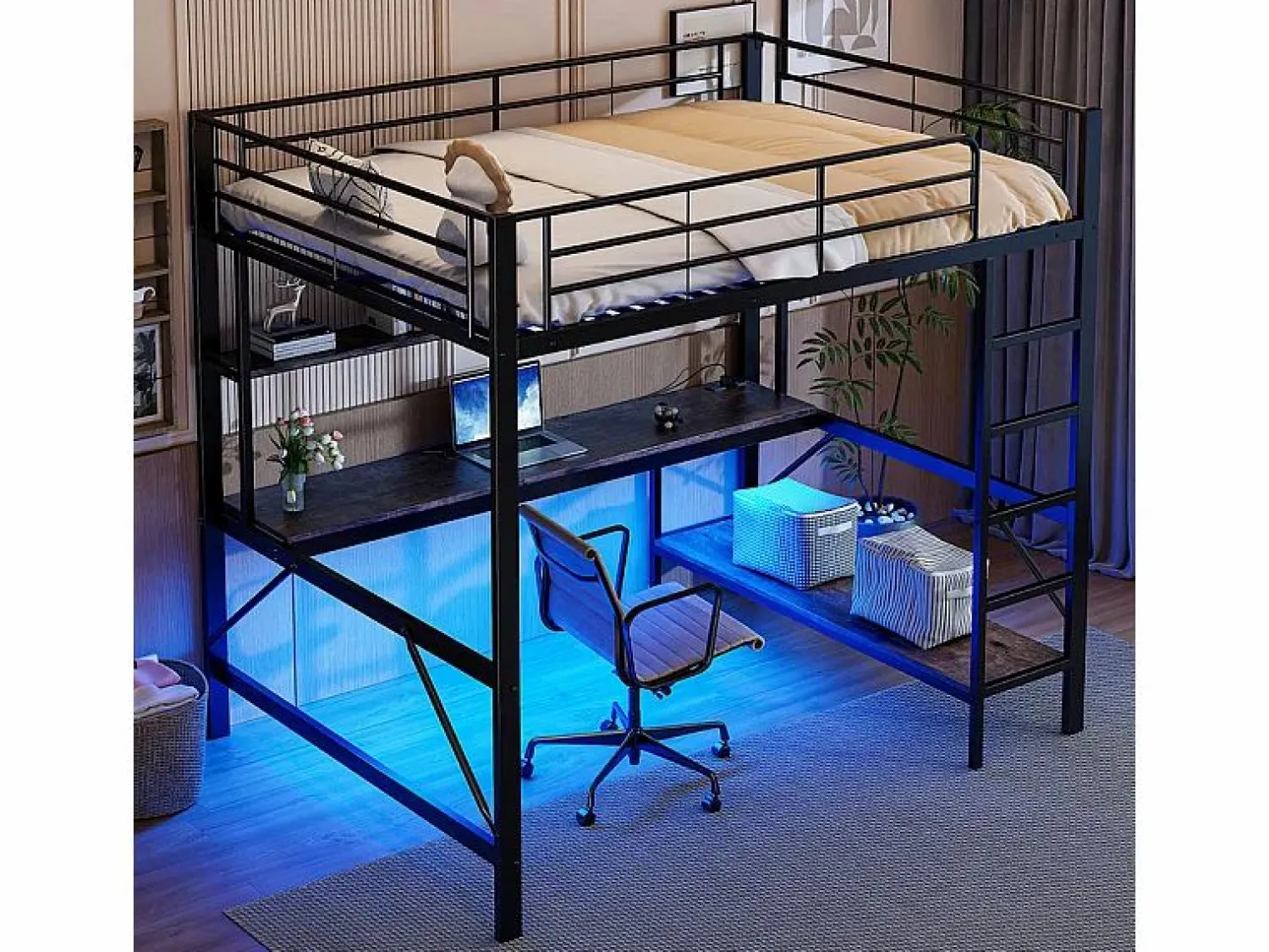 ModernLuxe Cama alta 140x200 cm - con barreras - con escalera - con USB y enchufes - con luz LED - con escritorio + estantes de varios niveles - negra (sin colchón)