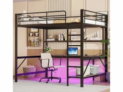 ModernLuxe Cama alta 140x200 cm - con barreras - con escalera - con USB y enchufes - con luz LED - con escritorio + estantes de varios niveles - negra (sin colchón)