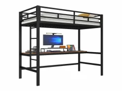 Discount ModernLuxe Cama alta 90x200 cm - con barreras - con escalera - mesa con USB y enchufes - tira de luz cableada - metal - (colchón no incluido) Negro