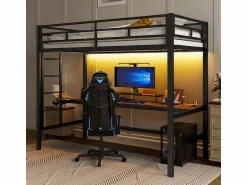 Discount ModernLuxe Cama alta 90x200 cm - con barreras - con escalera - mesa con USB y enchufes - tira de luz cableada - metal - (colchón no incluido) Negro