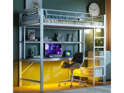 Clearance ModernLuxe Cama alta 90x200 cm - con barreras - con escalera - con USB y enchufes - con luz LED - con escritorio + estantes de varios niveles - (sin colchón) Blanco