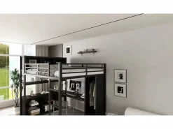 Outlet Cama alta 140x200 cm - con escritorio y estante de almacenamiento - con guardarropa - con escalera - Metal + tableros de partículas - Cama Alta