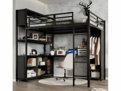 Outlet Cama alta 140x200 cm - con escritorio y estante de almacenamiento - con guardarropa - con escalera - Metal + tableros de partículas - Cama Alta