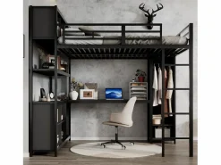 Outlet Cama alta 140x200 cm - con escritorio y estante de almacenamiento - con guardarropa - con escalera - Metal + tableros de partículas - Cama Alta