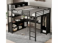 Outlet Cama alta 140x200 cm - con escritorio y estante de almacenamiento - con guardarropa - con escalera - Metal + tableros de partículas - Cama Alta