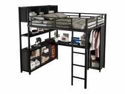 Outlet Cama alta 140x200 cm - con escritorio y estante de almacenamiento - con guardarropa - con escalera - Metal + tableros de partículas - Cama Alta
