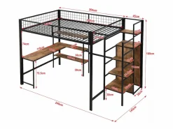 ModernLuxe Cama alta 140x200 cm - estructura de hierro - con escritorio y estantes -