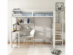 Best ModernLuxe Cama alta 140x200 cm - estructura de hierro - con escritorio y estantes - Blanco
