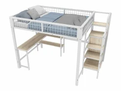 Best ModernLuxe Cama alta 140x200 cm - estructura de hierro - con escritorio y estantes - Blanco