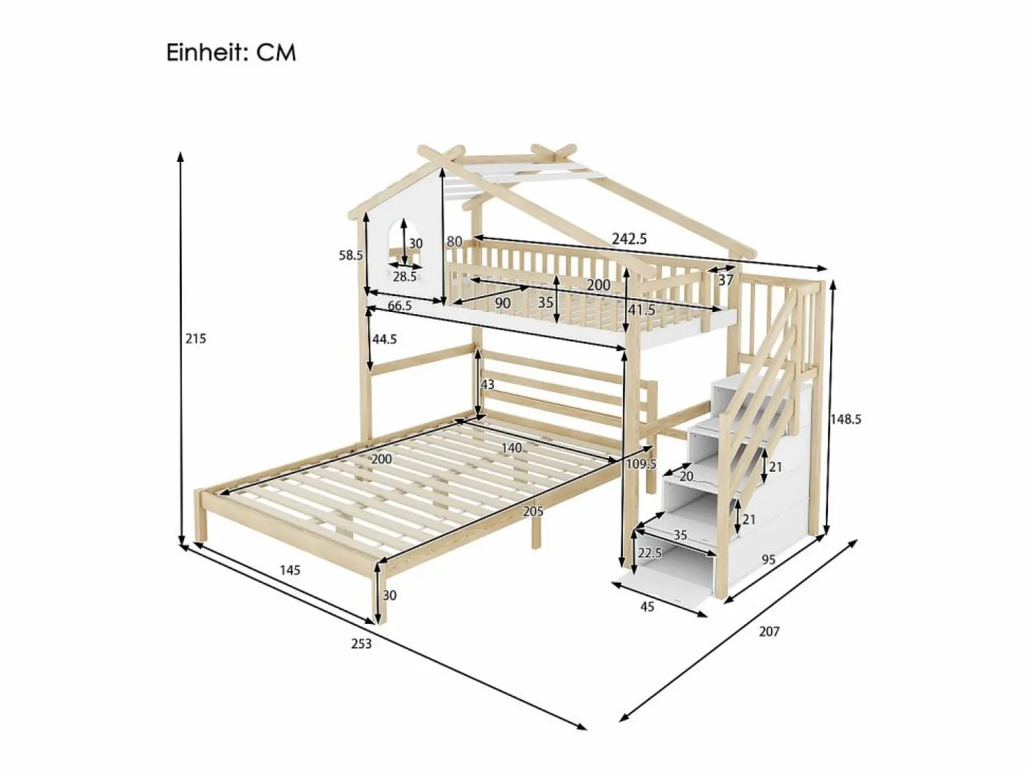 Cama alta 90x200 cm, barandillas, escalera con almacenaje, ventana, estructura de casa, cama inferior 140x200 cm /natural