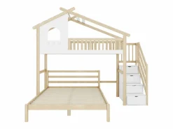 Cama alta 90x200 cm, barandillas, escalera con almacenaje, ventana, estructura de casa, cama inferior 140x200 cm /natural