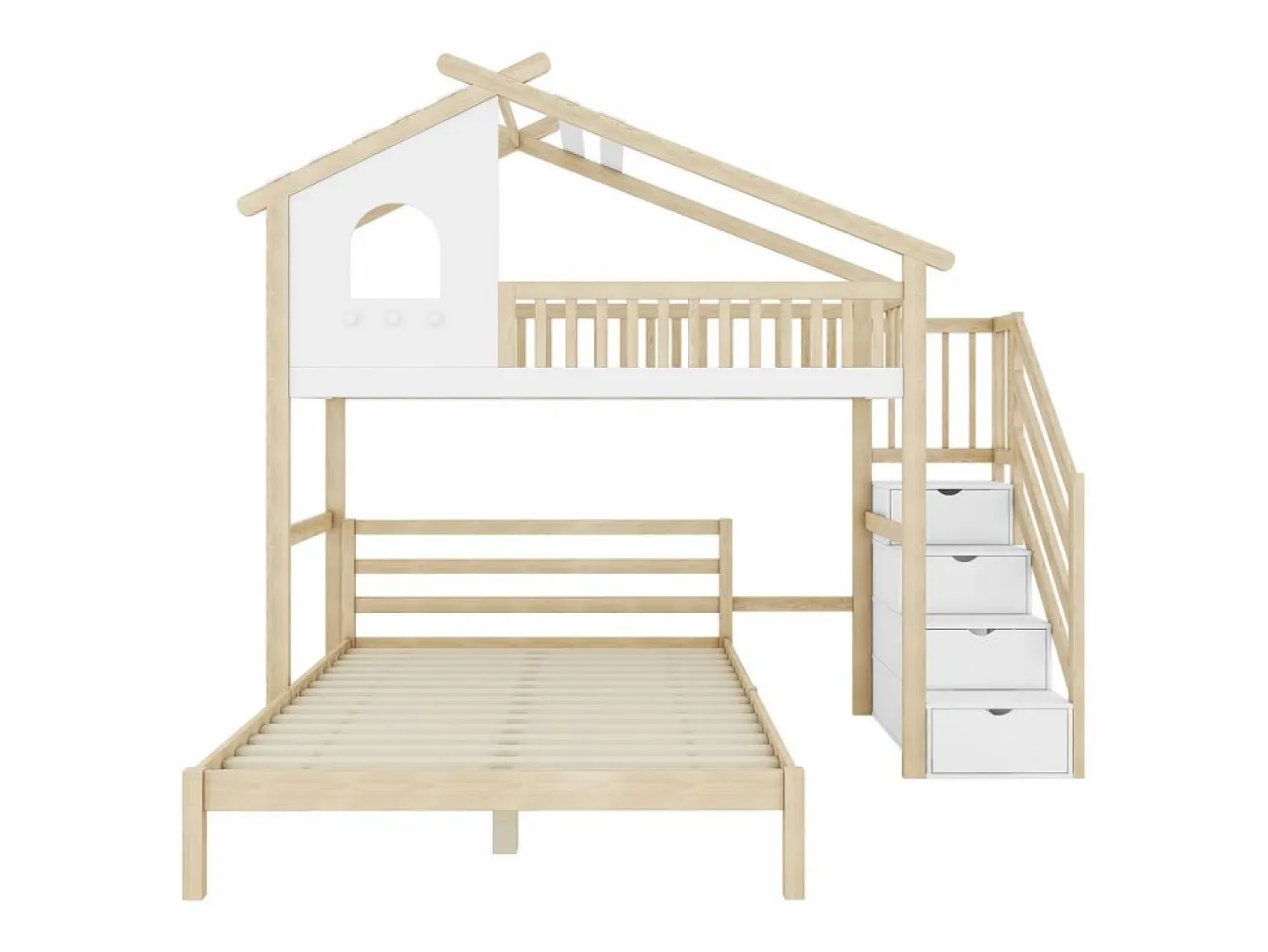 Cama alta 90x200 cm, barandillas, escalera con almacenaje, ventana, estructura de casa, cama inferior 140x200 cm /natural